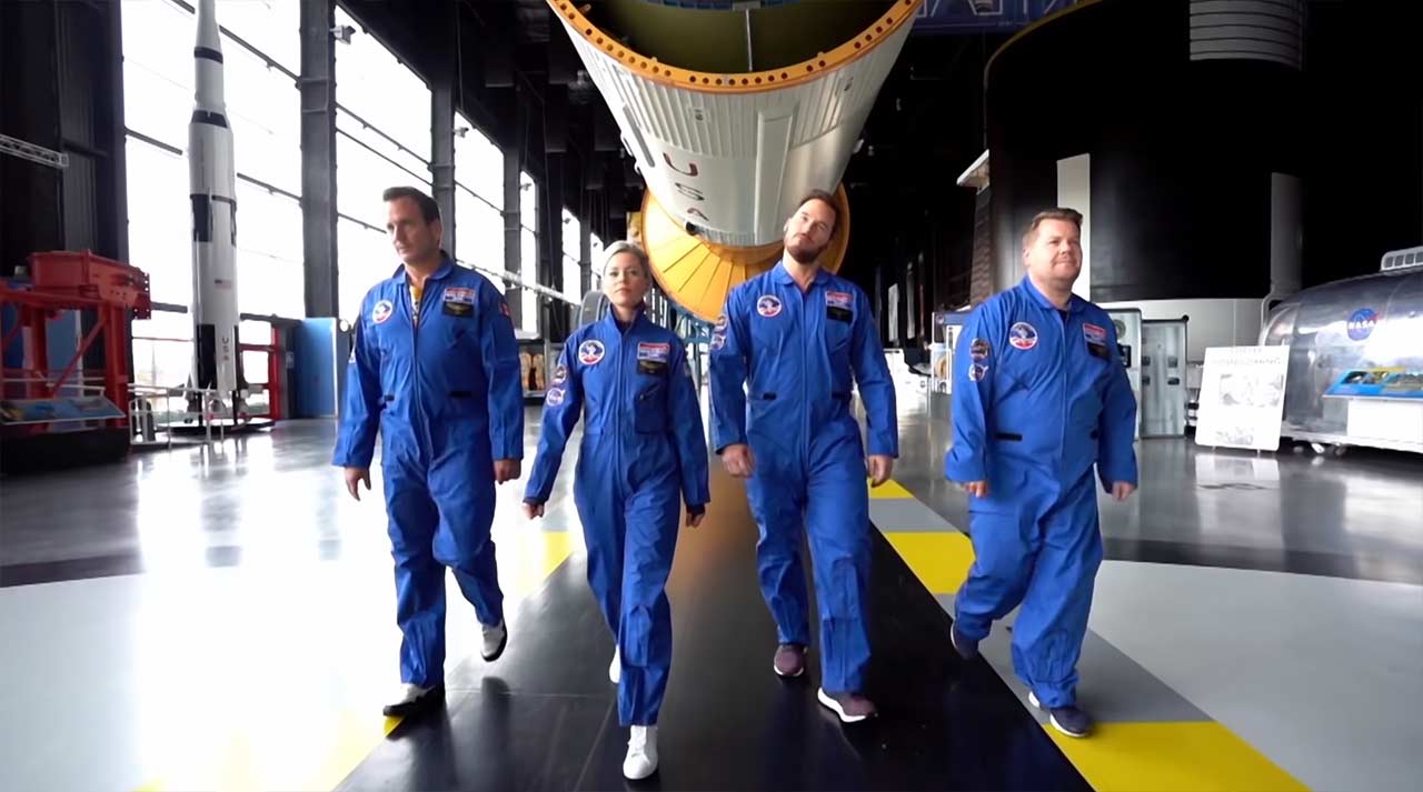 Will Arnett, Chris Pratt, Elizabeth Banks und James Corden im Astronauten-Training