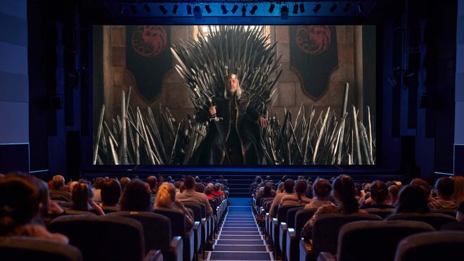 Empty cinema screen with audience.