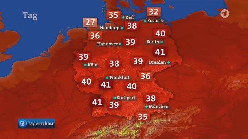 Temperaturkarte in der Tagesschau der ARD um 20 Uhr am 26.06.2026 für den 27.06.2026. (Screenshot von tagesschau auf YouTube)