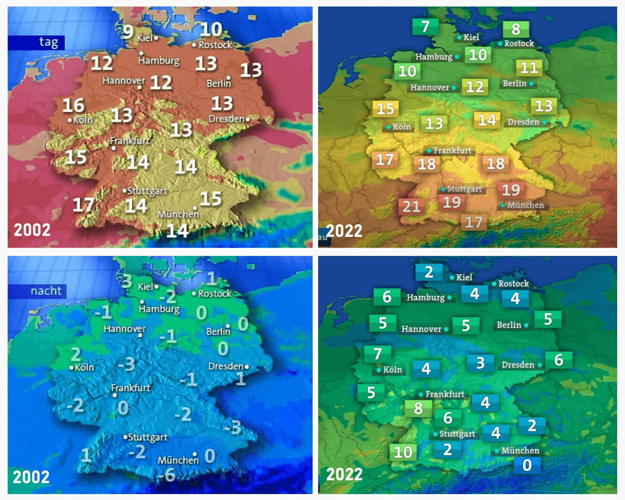 TV-Thema der Woche: Farbgestaltung in Wetterkarten bei ARD, ZDF & Co. Collage-Wetterkarten-Tagesschau-mit-Jahreszahlen